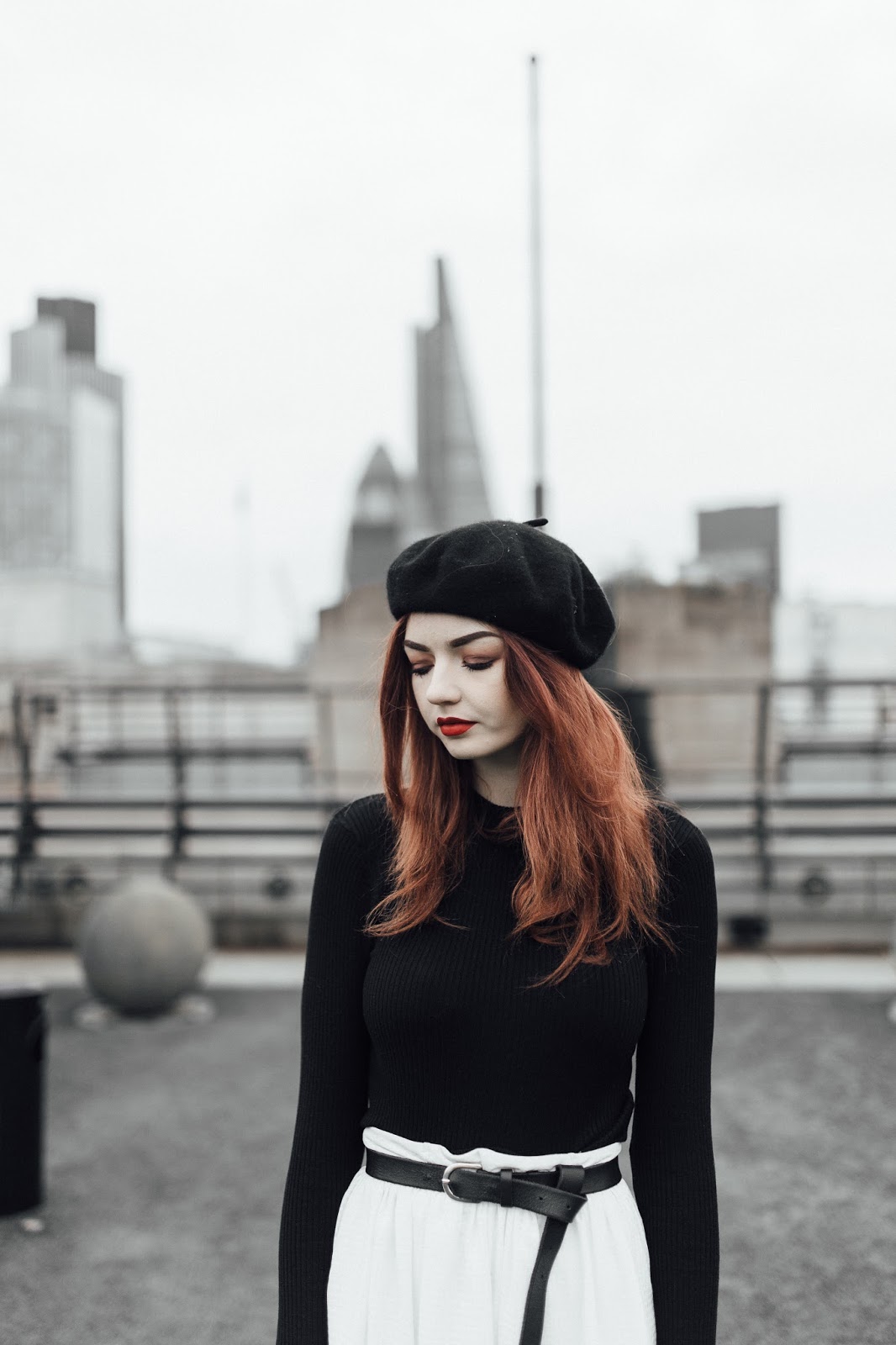 black beret white midi skirt