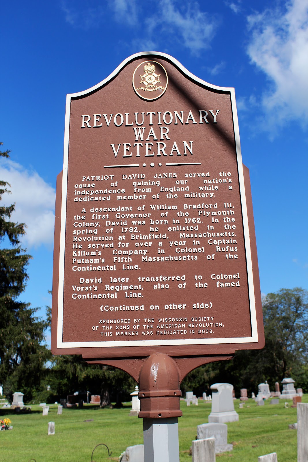 Wisconsin Historical Markers Revolutionary War Veteran Patriot David Janes