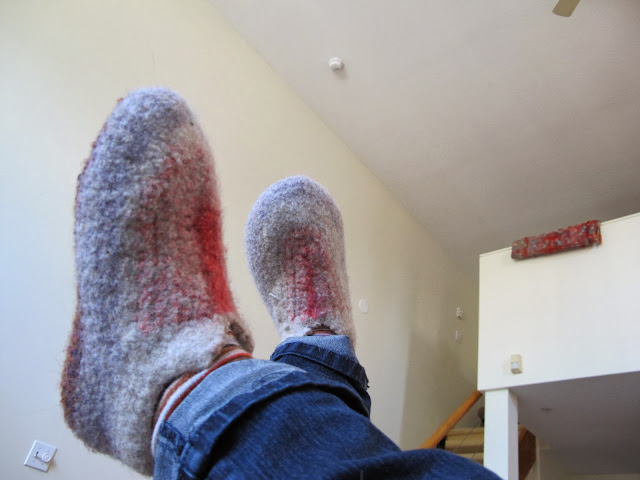 felted slippers made with two strands worsted weight in crochet