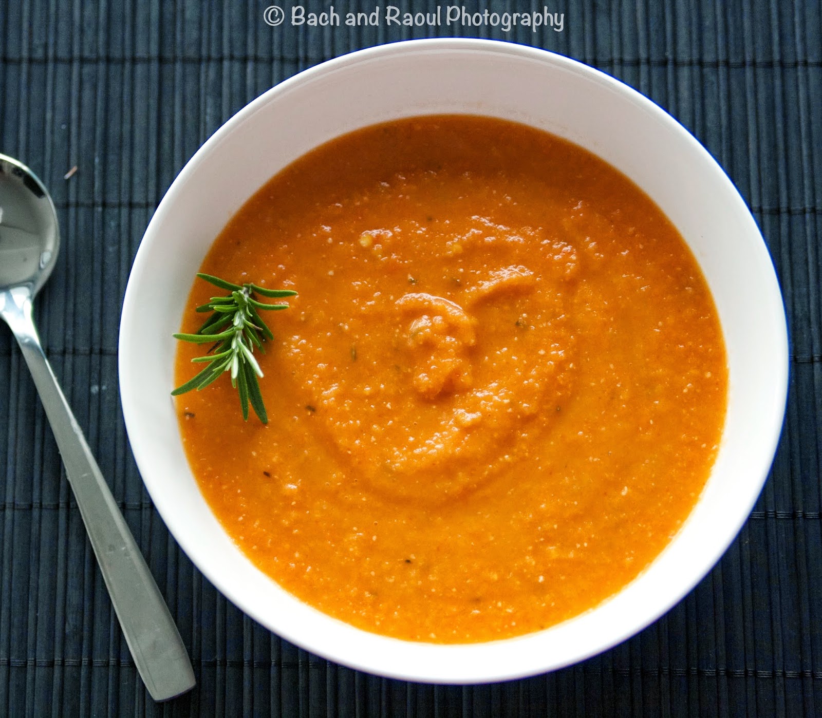 Roasted Bell Pepper and Tomato Soup with Black Pepper and Rosemary - Vegan