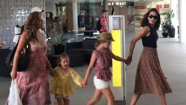 Crown Princess Mary of Denmark with daughters Princess Isabella and Princess Josephine of Denmark and Amber Petty at the Gold Coast in Marina Mirage shopping centre