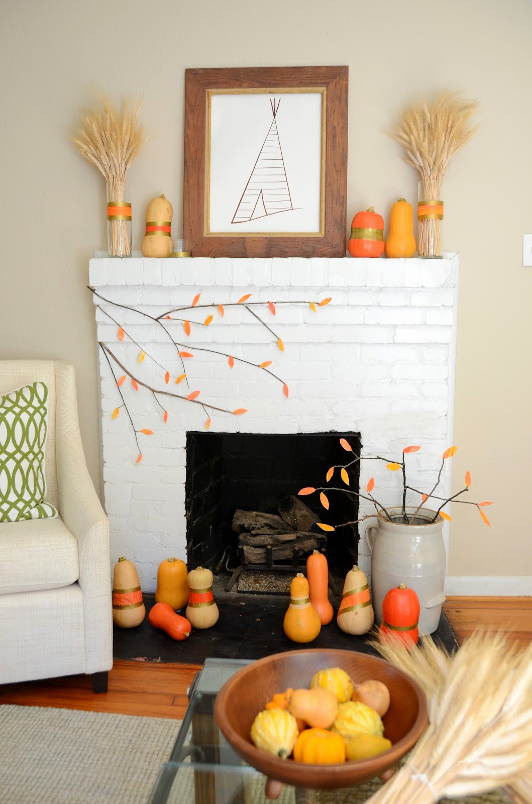 IRON & TWINE Fall Fireplace Mantel Painted Gourds & Tissue Paper Leaves