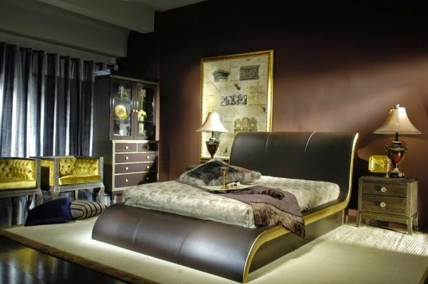 luxury brown bedroom interior decoration: lighting, patterns and large painting