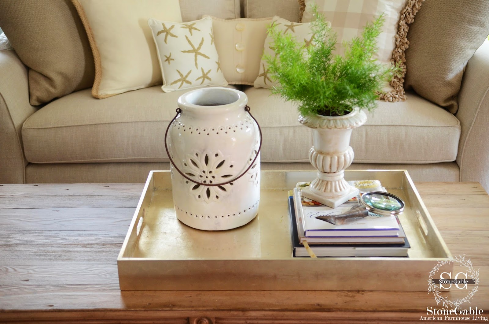 5 Tips To Style A Coffee Table Like Pro Stonegable The Fern Is Tall Pottery Medium Height Books Are Low And Sides Of Tray Even Lower This Let S Our Eyes Move Around