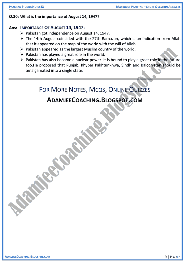 making-of-pakistan-short-question-answers-pakistan-studies-ix