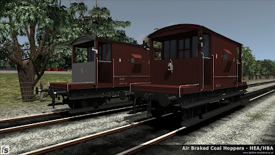 Fastline Simulation - HBA/HEA Coal Hoppers: Two dia 1/506 brake vans from lot 3129 wait for the next duty. Although both from the same lot time has produced some differences with the left hand van losing its vacuum through pipe and becoming unfitted with a variation in livery to reflect this. These vans will be included in our forthcoming HBA/HEA hopper wagon pack for Train Simulator 2013