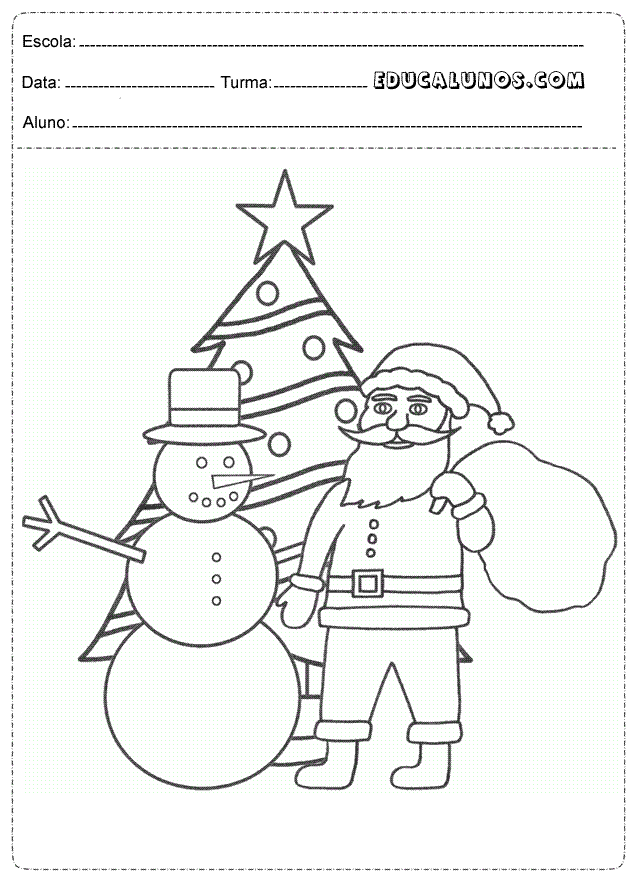 Papai noel, arvore de natal e boneco de neve