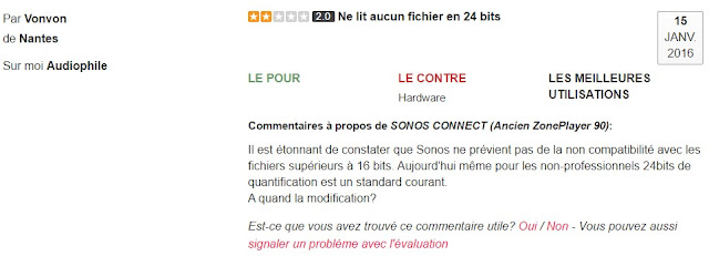 Sonos ne prévient pas de la non compatibilité avec les fichiers supérieurs à 16 bits.