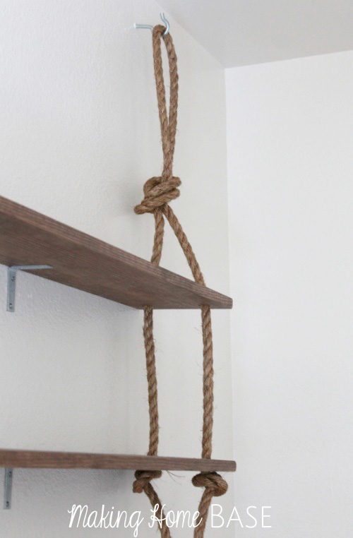 Rustically cool rope wall shelving, by Making Home Base, featured on I Love That Junk
