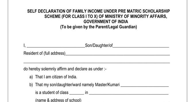 Minority Scholarship - Income Certificate Self attested Format