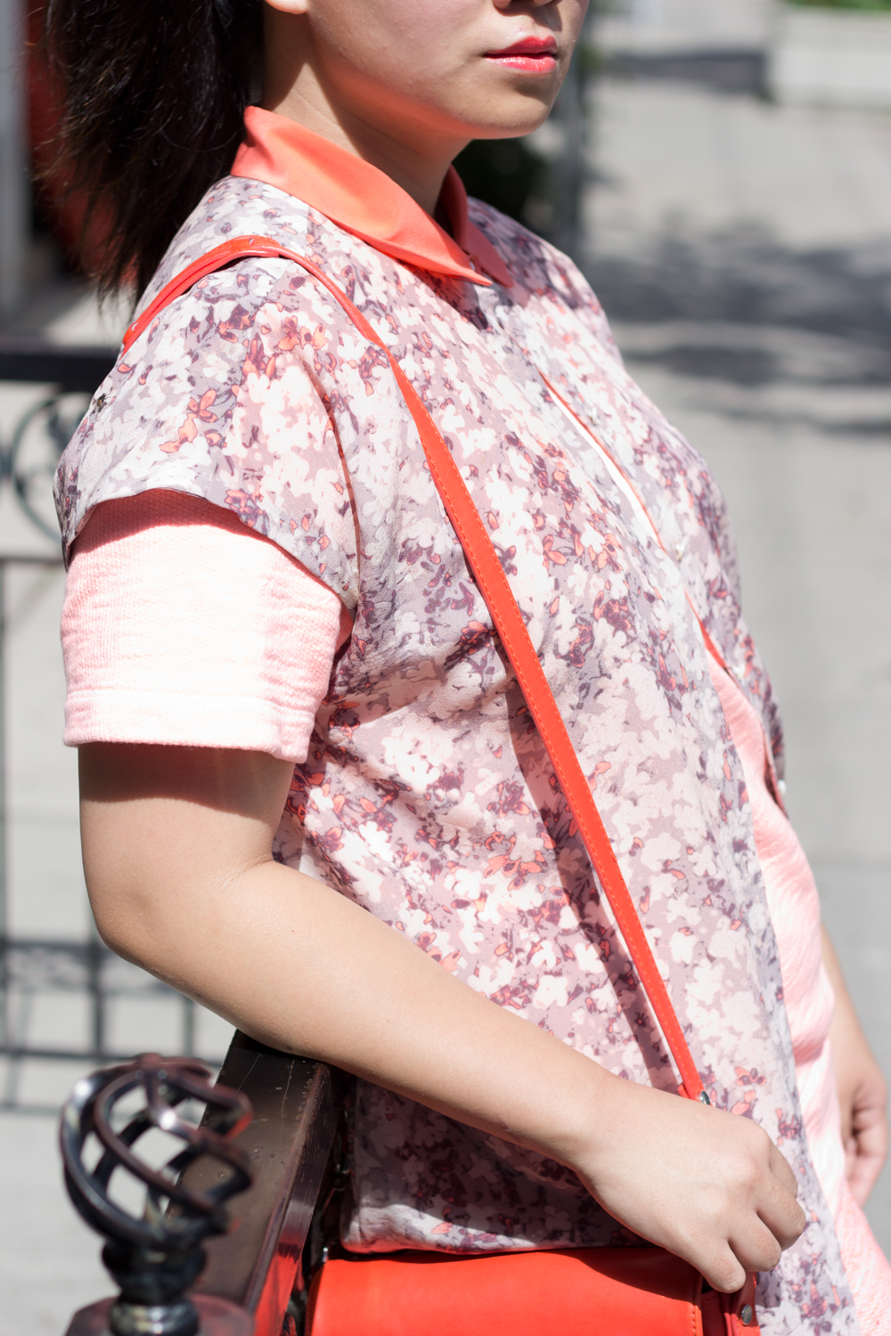 monochromatic-summer-look, neon-orange, floral-blouse