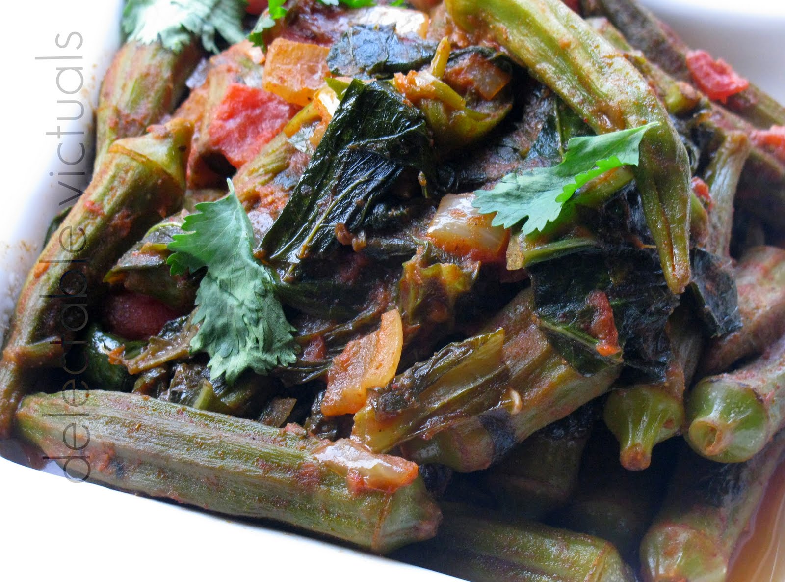 Delectable Victuals Spicy Sauteed Okra with Collard and Turnip Greens