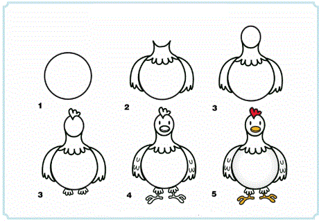 Tutorial de desenho para crianças. nível fácil. folhas de educação. como desenhar  galinha