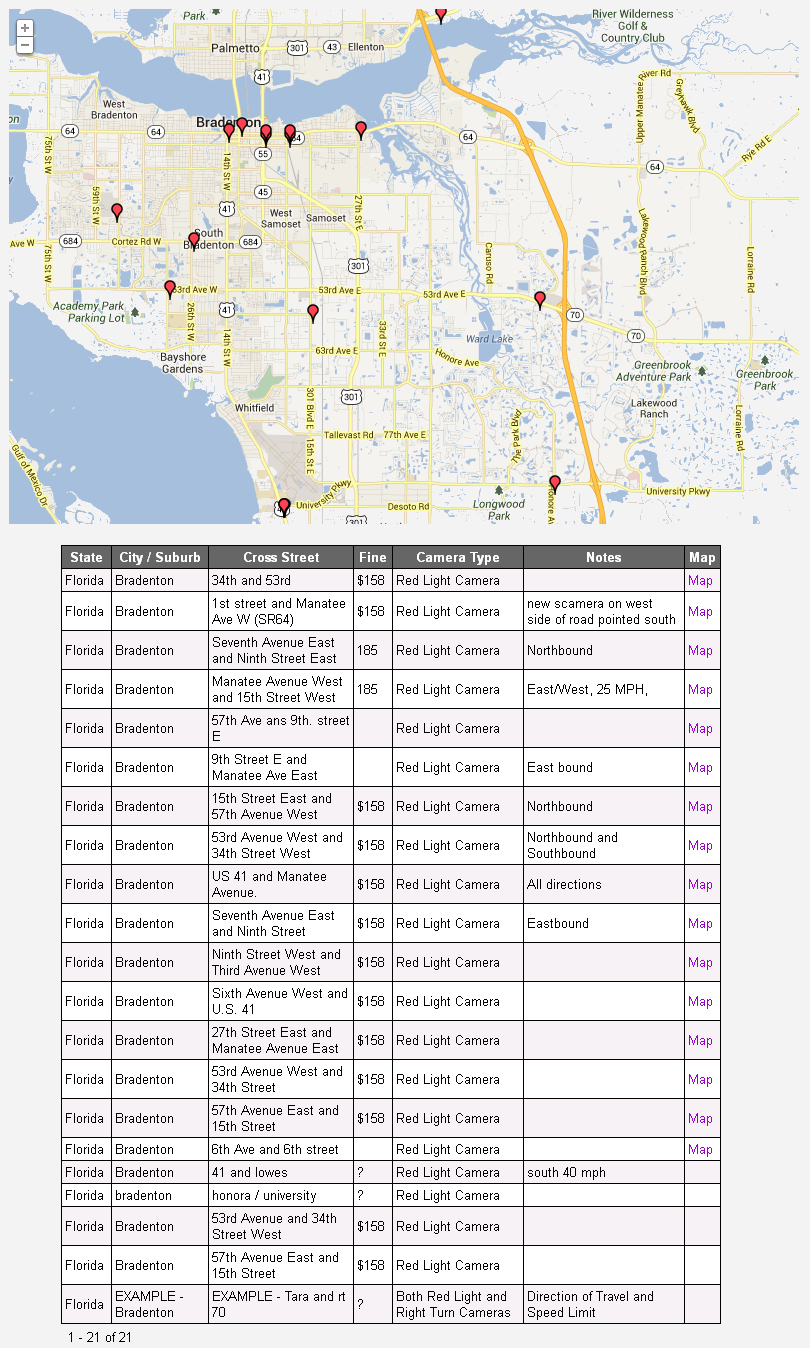 Remove Red Light Cameras in Manatee County Map of Lights