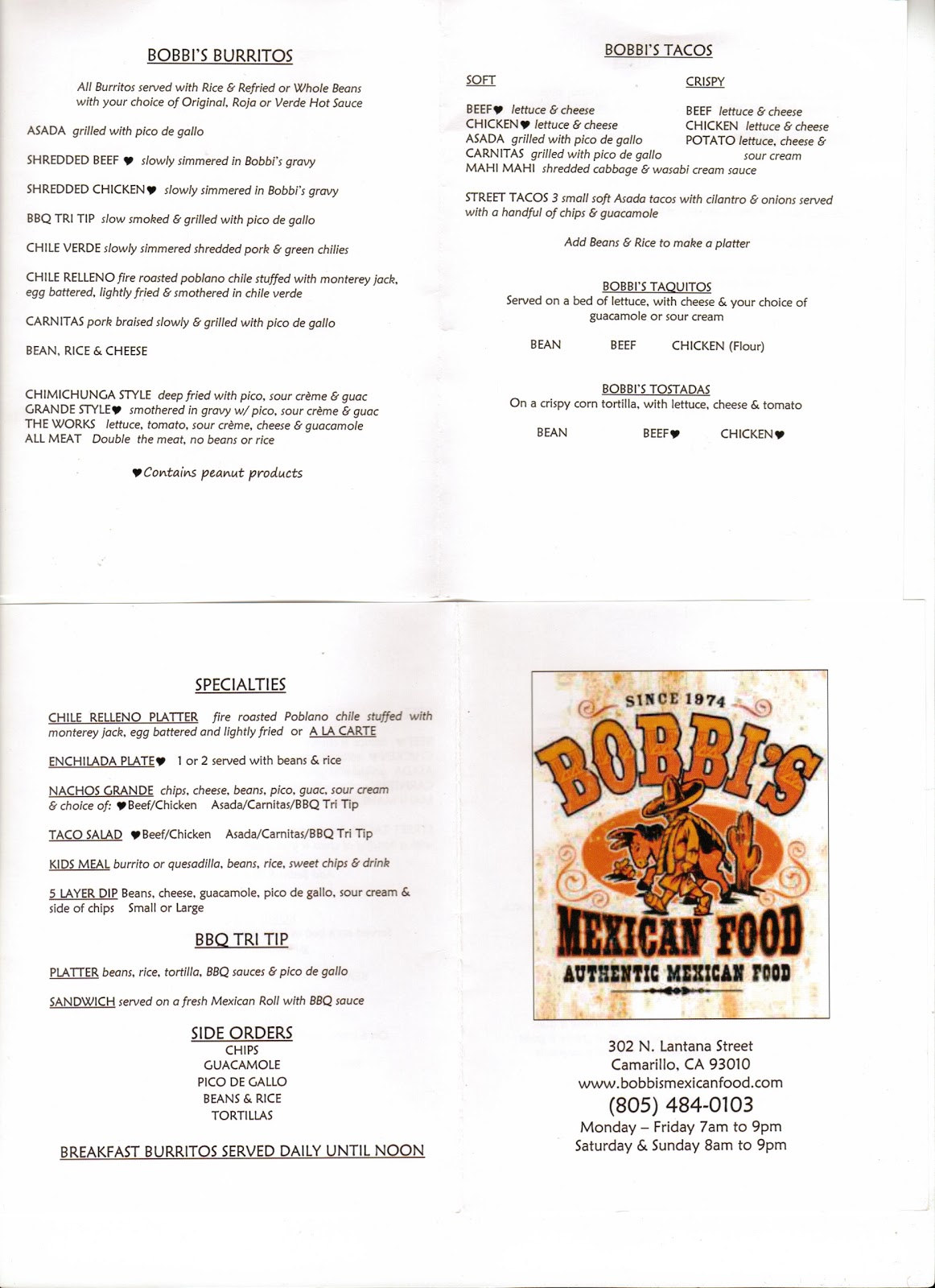 Vc Menu Bobbi Mexican Food Camarillo