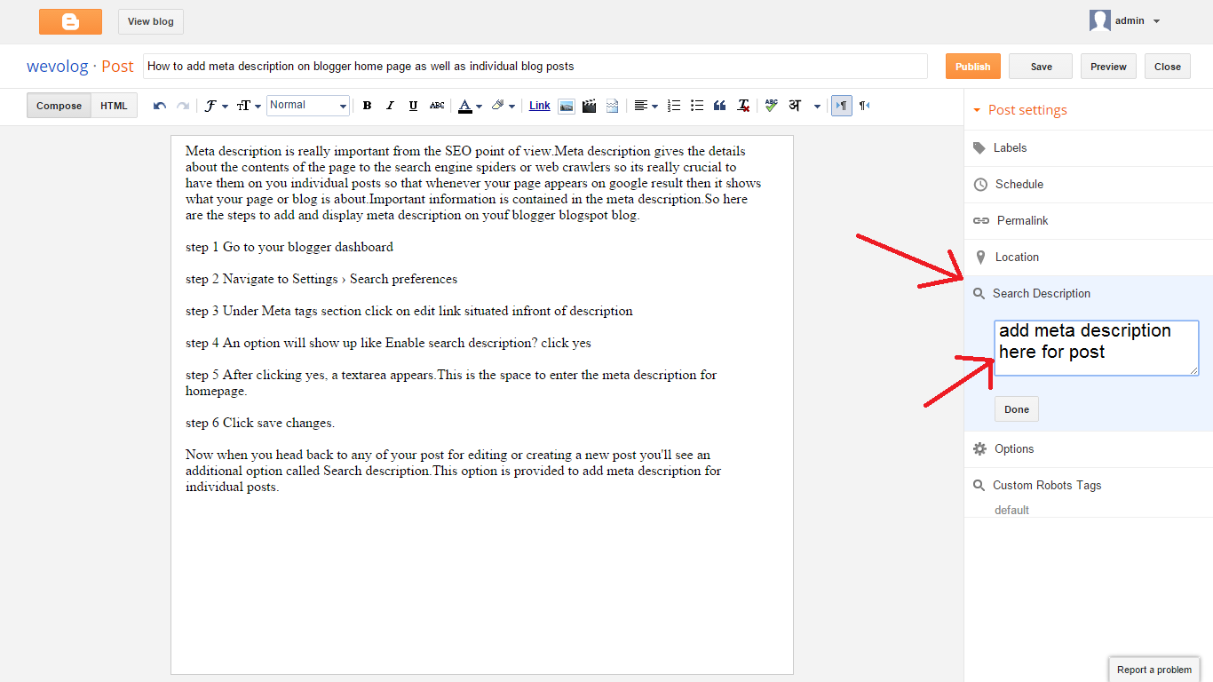 meta description setting for a post in blogger blogspot blog