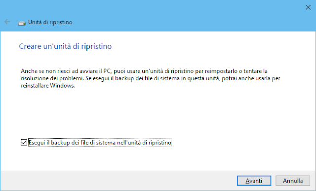 Crea unità di ripristino Windows 10