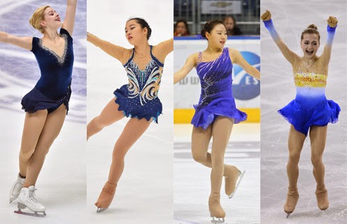V-H: Gracie Gold (USA), Riona Kato (JPN), Hae Jin Kim (KOR) og Elena Radionova (RUS)