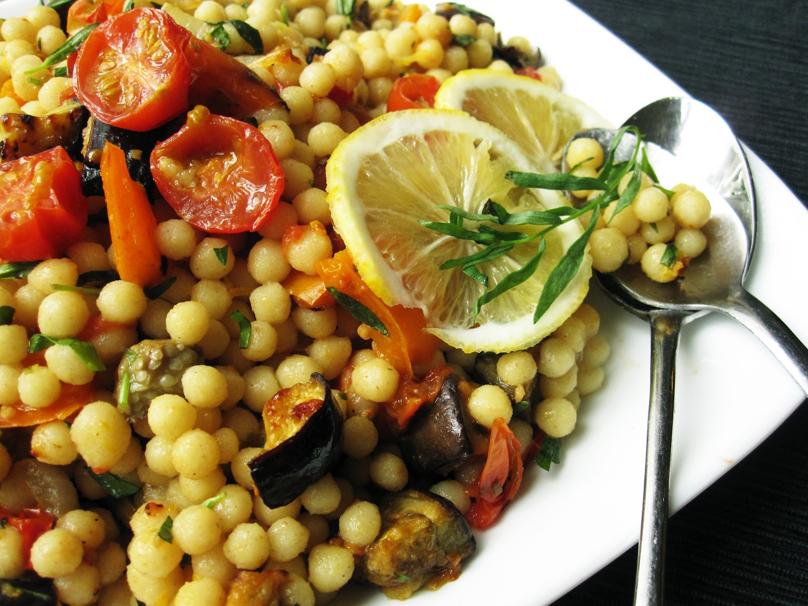 Edible biology Israeli couscous with roasted summer vegetables