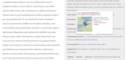 screen shot of text and notes to Sulpicius Severus with thumbnail popup to Pleiades