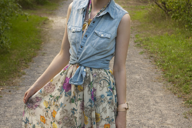 h&m maxi dress floral print denim crop top sleeveless