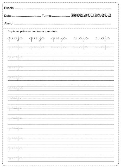 Atividades de caligrafia com a letra Q de queijo