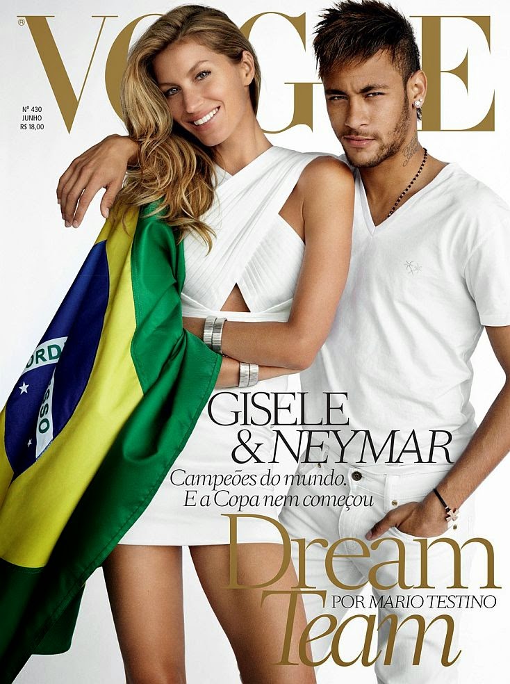 Gisele Bundchen and Neymar pose on the cover of Vogue Brazil Gisele Bundchen and Neymar really have to flaunt it in our faces and they set out to prove this in a racy new shoots for June 2014 issue of VOgue Brazil.