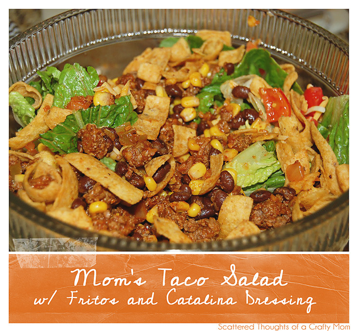 Mom's Taco Salad with Catalina Dressing and Fritos. It's the best taco salad and great for potlucks!