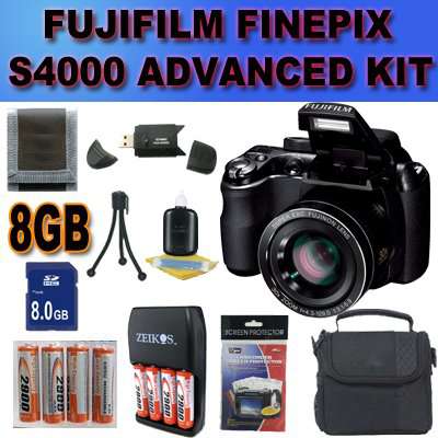 Fujifilm FinePix S4000 14 MP Digital Camera with Fujinon 30x Super Wide Angle Optical Zoom Lens and 3-Inch LCD Accessory Saver 8GB NiMH Battery/Rapid Charger Bundle International Version With no Warranty BLACK