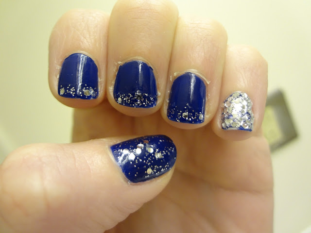 navy blue polish with silver glitter