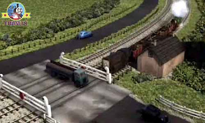 Percy Diesel Thomas and friends engines at Sir Topham hat railway gatehouse train crossing signals