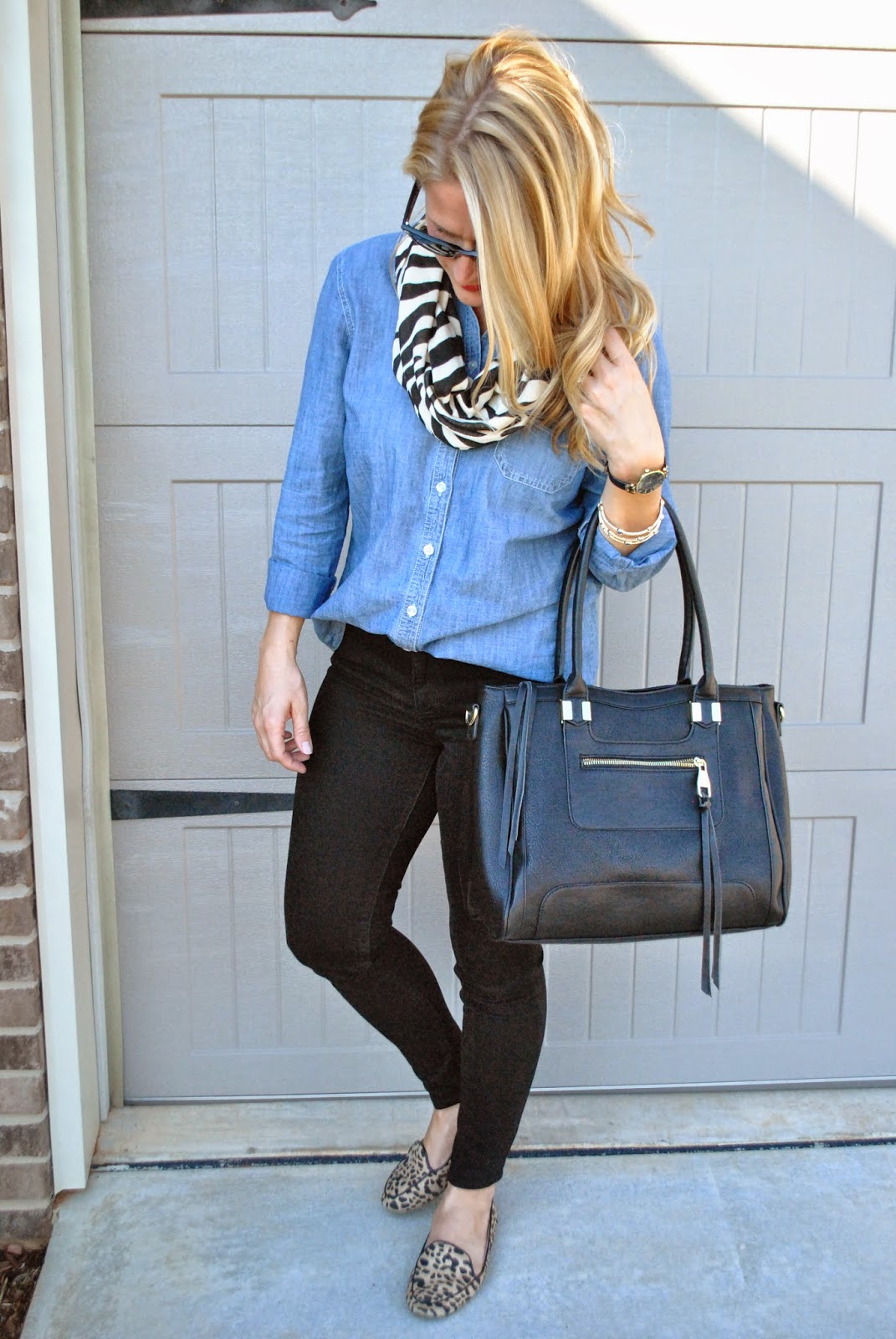 Old Navy Chambray Shirt Old Navy Zebra Scarf Black Skinnies Steve Madden Oversize Tote Leopard Flats Old Navy Chambray Shirt Old Navy Zebra Scarf Black Skinnies Steve Madden Oversize Tote Leopard Flats