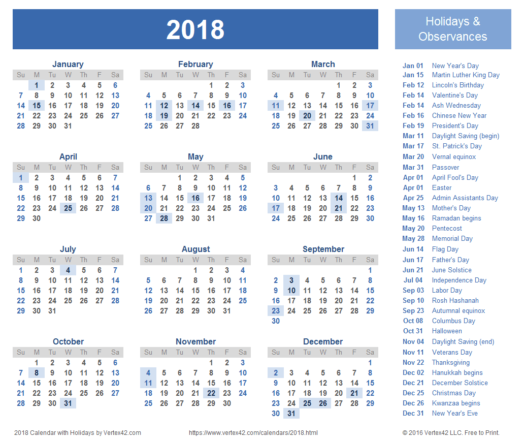 calendar blank 2018