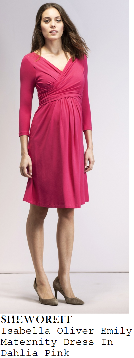 holly-willoughby-bright-pink-wrap-front-v-neck-gathered-three-quarter-sleeve-dress-this-morning