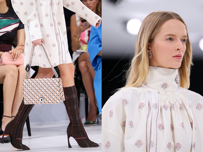 Christian Dior 2015 SS, Daria Strokous -2 Christian Dior 2015 SS Edwardian Embroidered Turtleneck Cotton Shirt-Dress on Runway