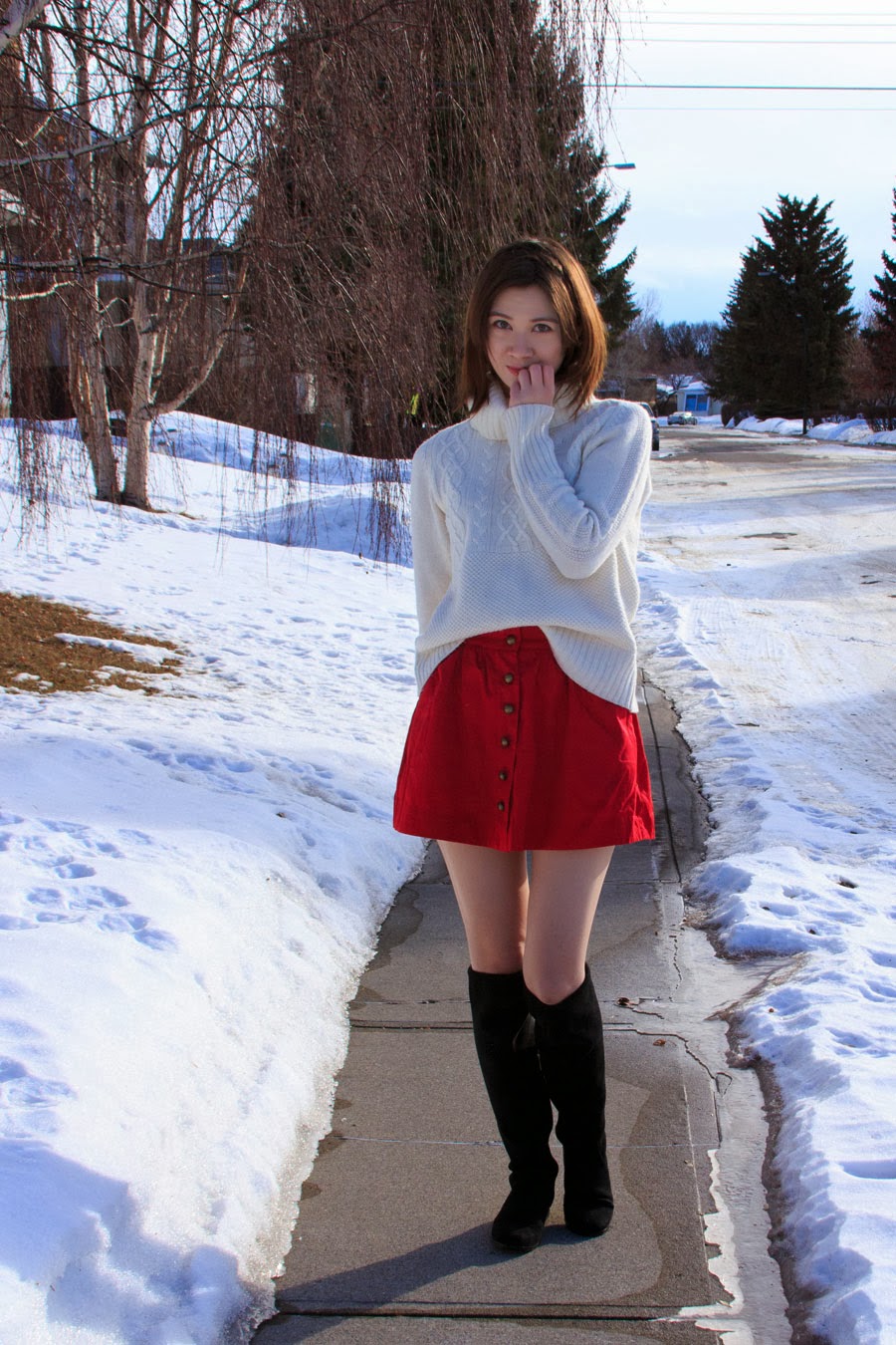 Forever 21, Gap, sweater, red skirt, over the knee boots, Calvin Klein