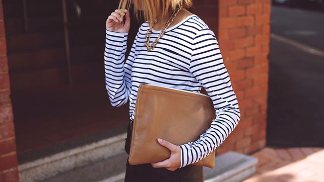 Popbasic Le Breton and Clutch cluctch, leather, latte, navy, white, stripe, striped shirt, permanent line,