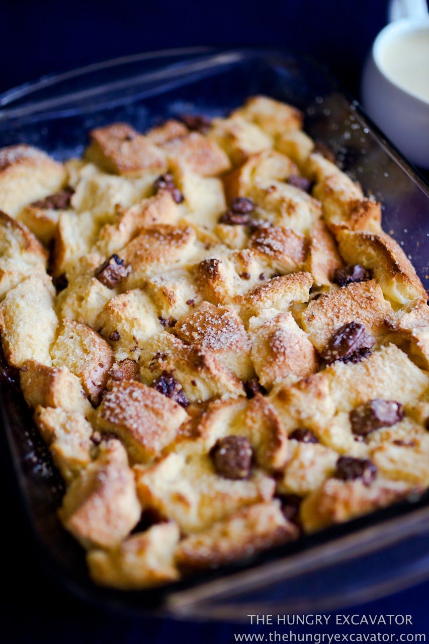 The Hungry Excavator Boozy Bread Pudding with Chocolate Chips
