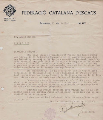 Carta a Ribera informando su inclusión en el Equipo Nacional de la Olimpiada de Munich 1936