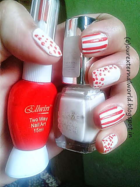 Red And White Dots And Stripes - Nail Art Red And White Dots And Stripes - Nail Art