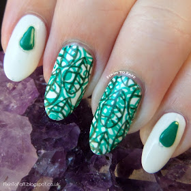 Green nail art manicure in honor of Depression Awareness #fightforlightandlive, featuring MoYou London stamping plates and green studs.