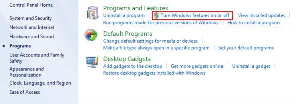 Turn windows features on or off Turn windows features on or off