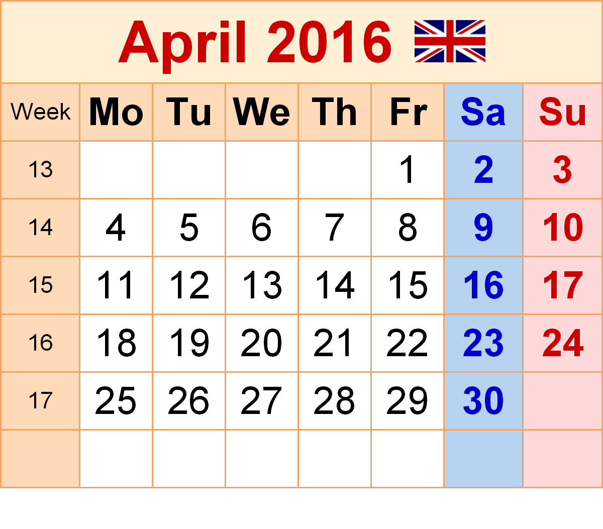 April 2016 Calendar with Holidays[USA, UK, Canada]