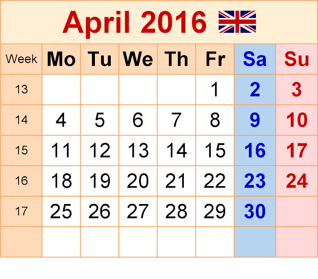 April 2016 Calendar with UK Holidays Free, April 2016 Printable Calendar Cute Word Excel PDF Template Download Monthly, April 2016 Blank Calendar Weekly