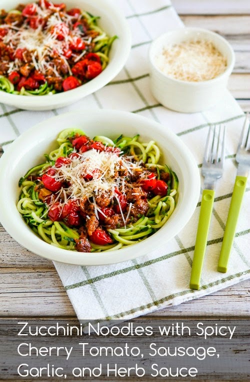 Zucchini Noodles with Spicy Cherry Tomato, Sausage, Garlic, and Herb Sauce found on KalynsKitchen.com Zucchini Noodles with Spicy Cherry Tomato, Sausage, Garlic, and Herb Sauce found on KalynsKitchen.com