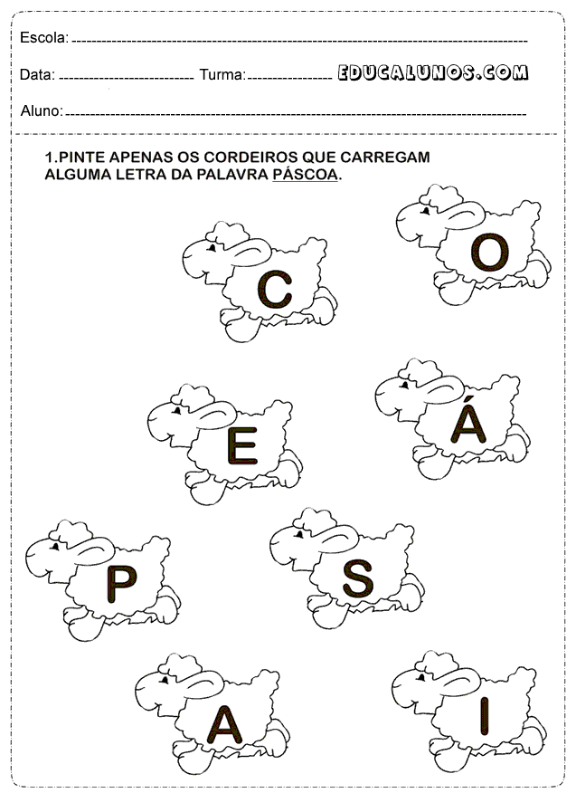 Pinte apenas os cordeiros que carregam alguma letra da palavra páscoa