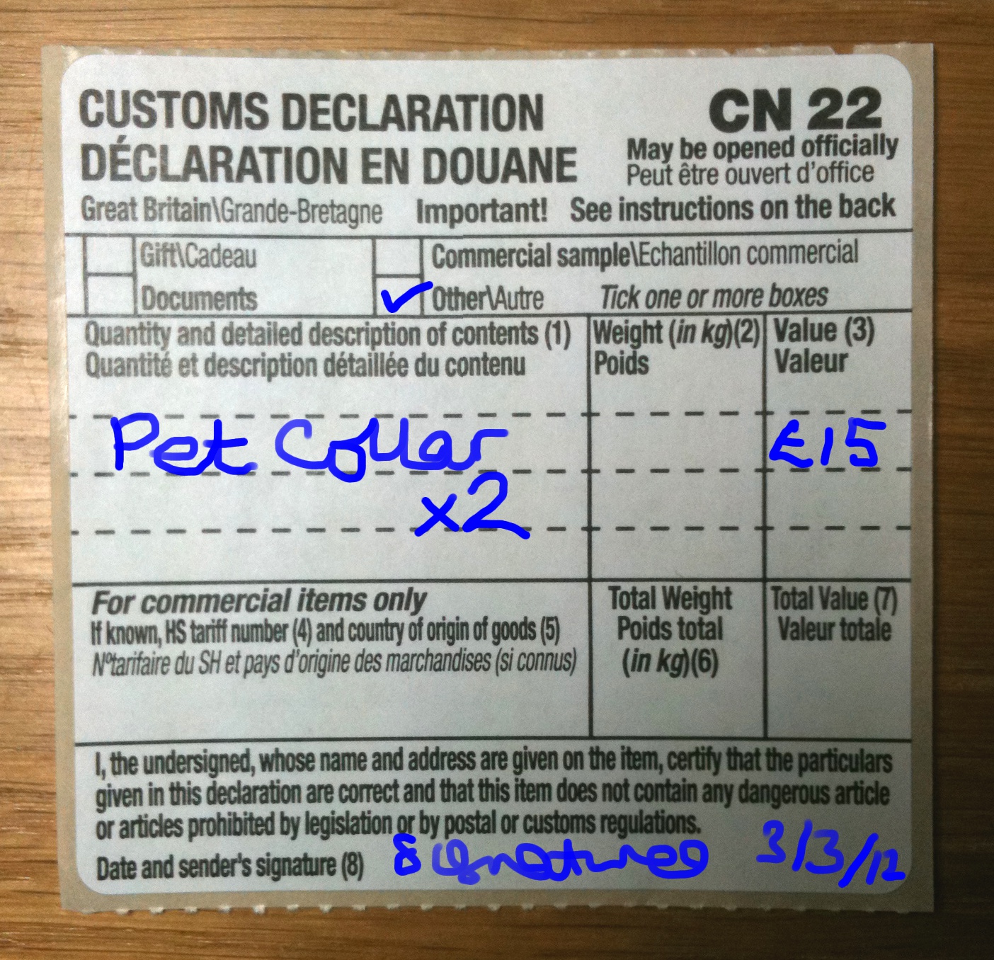 Customs Form Cn22