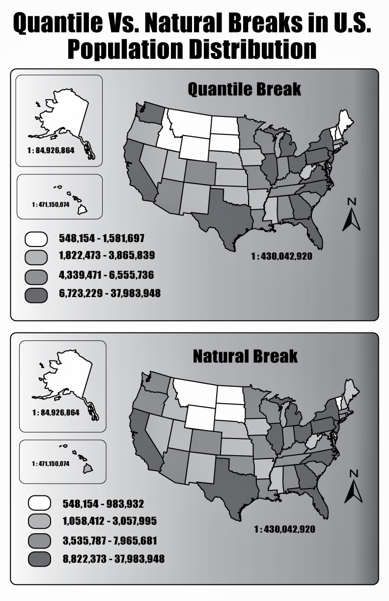 the above map depicts changing the way the data is broken up can change how a map ends up looking due to where i made the natural breaks on the second map the above map depicts changing the way the data is broken up can change how a map ends up looking due to where i made the natural breaks on the second map