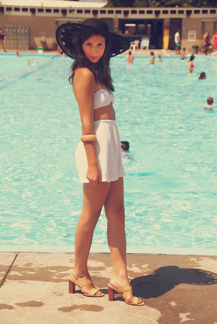 retro pool fashion sun hat girl white bandeau white shorts 