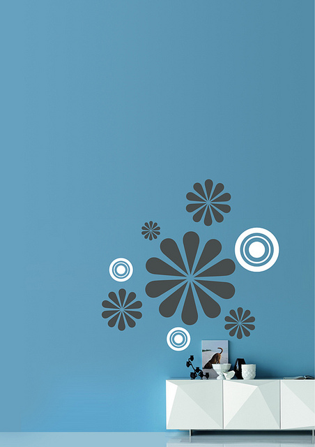 blue wall with decals